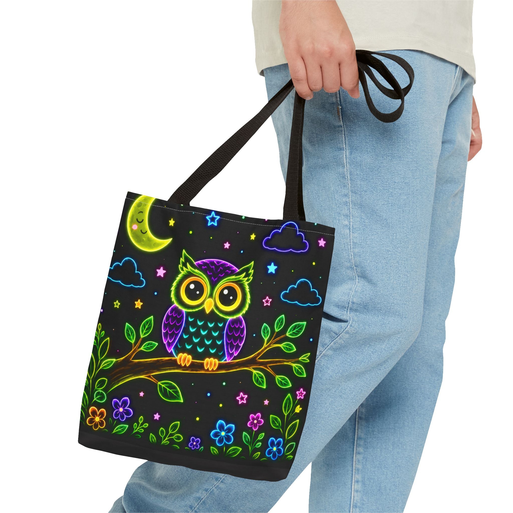 Neon Owl Night Tote Bag – Glow-in-the-Dark Space & Moon Print