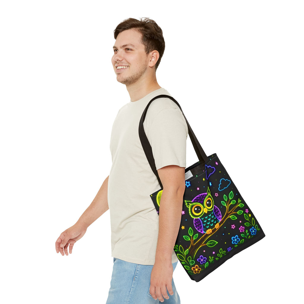 Neon Owl Night Tote Bag – Glow-in-the-Dark Space & Moon Print