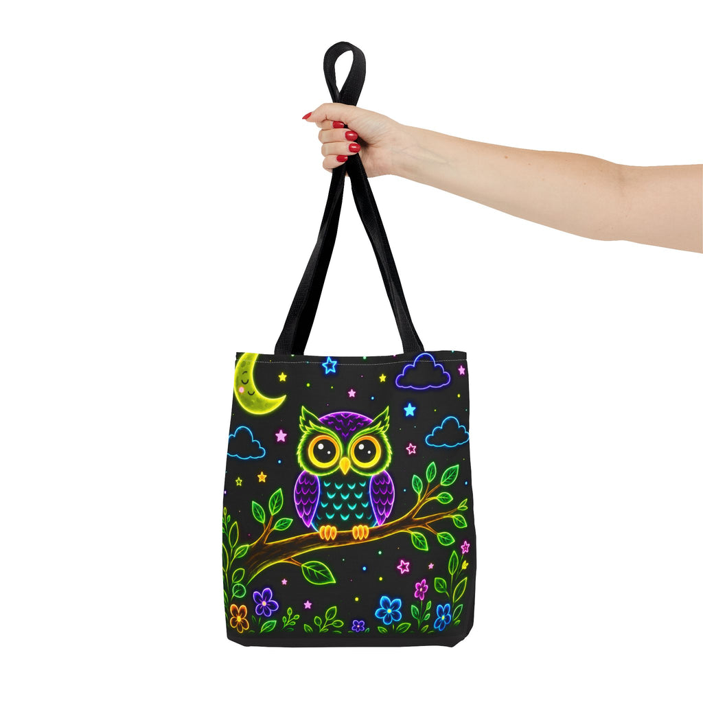 Neon Owl Night Tote Bag – Glow-in-the-Dark Space & Moon Print