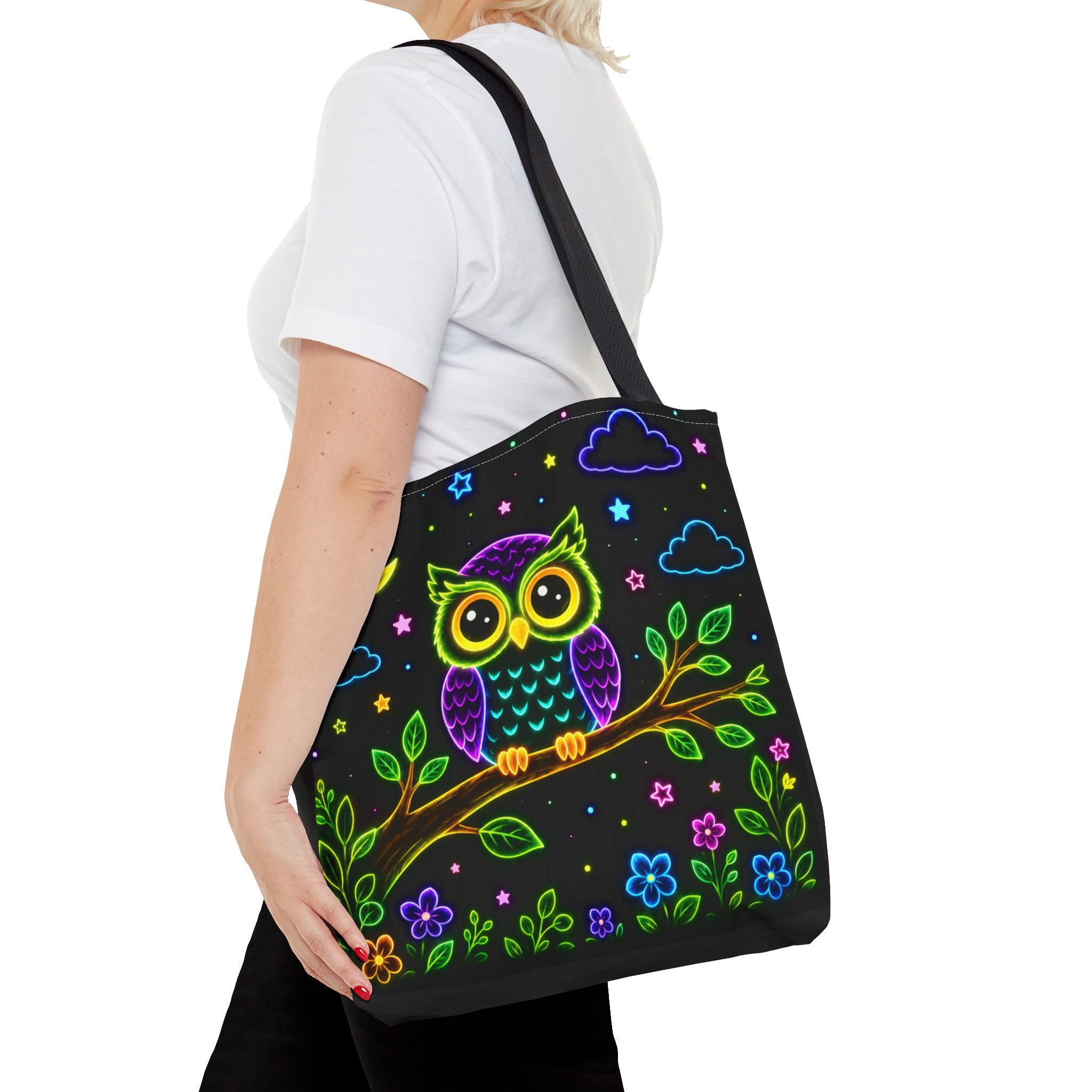 Neon Owl Night Tote Bag – Glow-in-the-Dark Space & Moon Print
