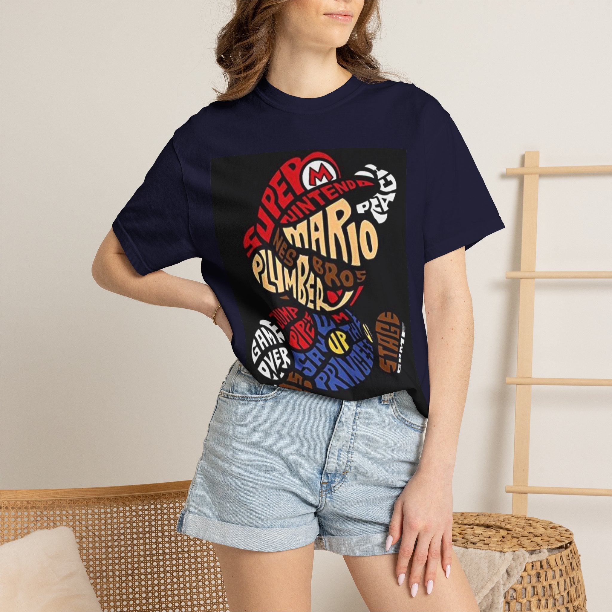 Mario Typography T-Shirt — Retro Cartoon Character Plumber Graphic Tee Printify